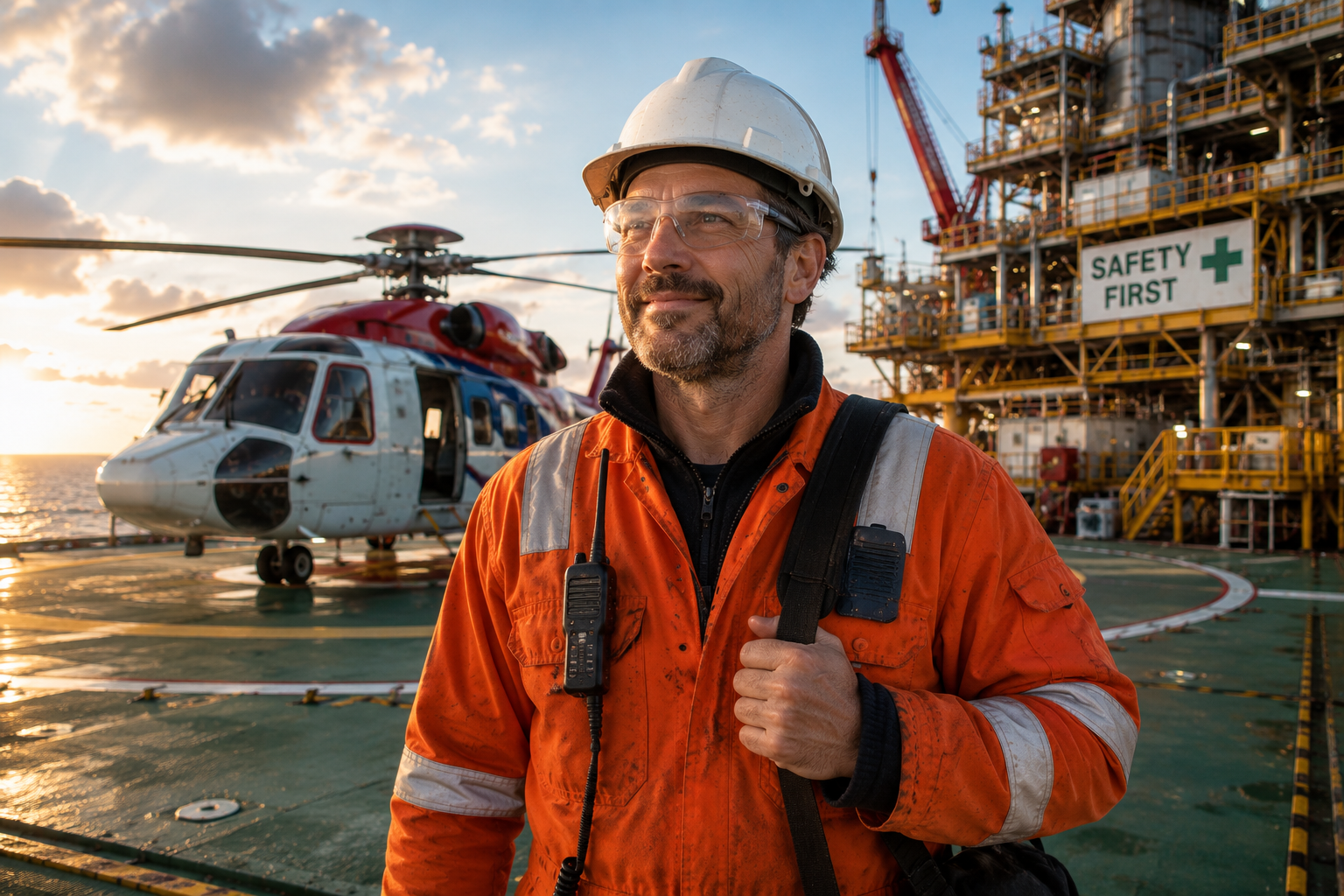 Erfahrener Bewerber ab 40 in Offshore-Arbeitskleidung auf einer Bohrinsel