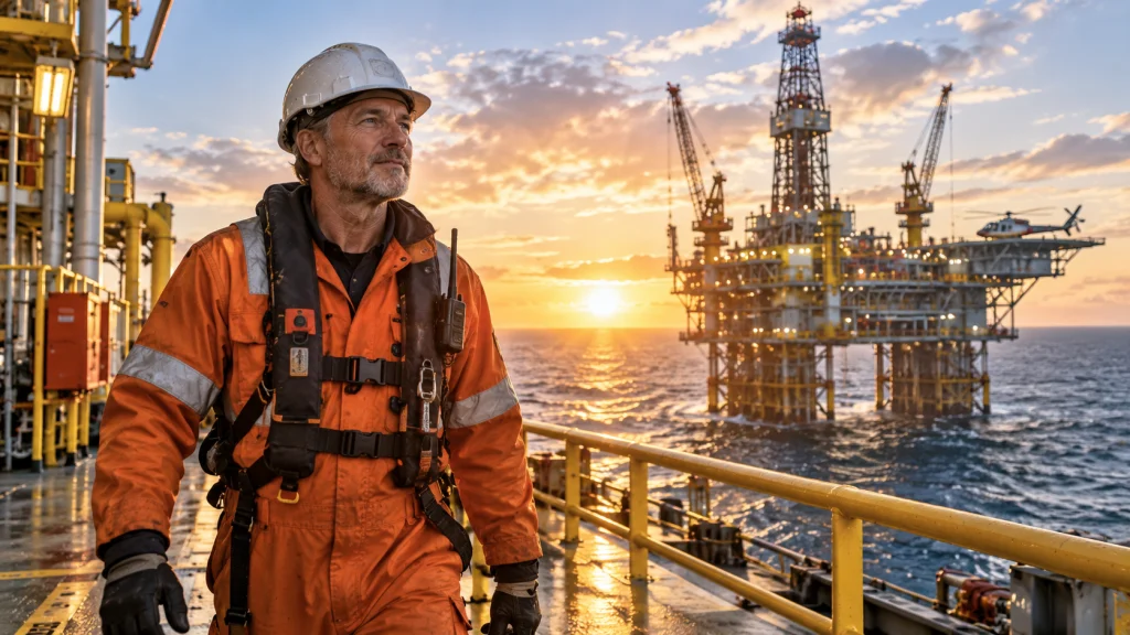 Erfahrener Offshore-Mitarbeiter über 50 auf dem Deck einer Bohrplattform bei Sonnenaufgang