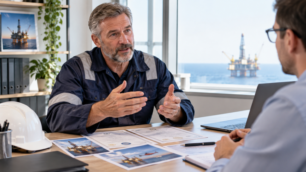 Erfahrener Bewerber im Vorstellungsgespräch für einen Offshore Job mit Zertifikaten und Bewerbungsunterlagen