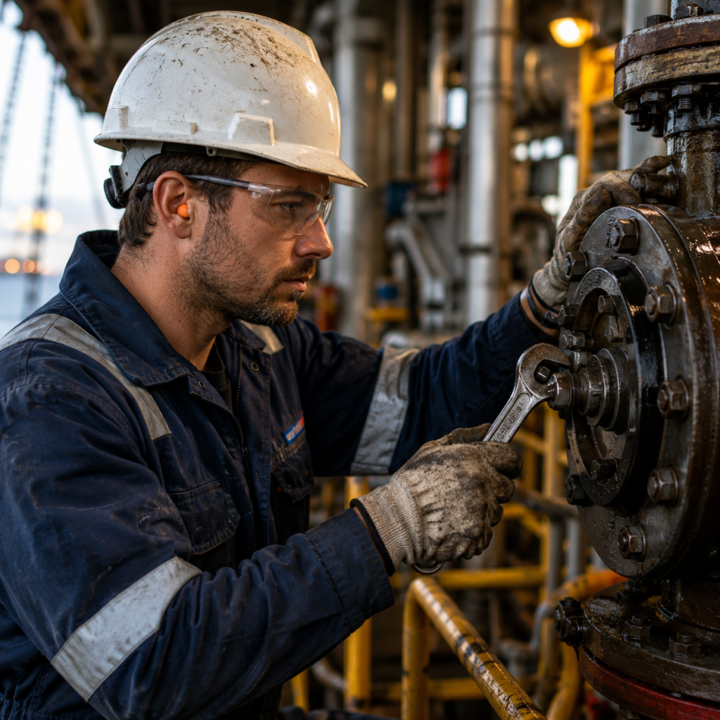 Offshore-Facharbeiter wartet eine technische Anlage auf einer Bohrinsel