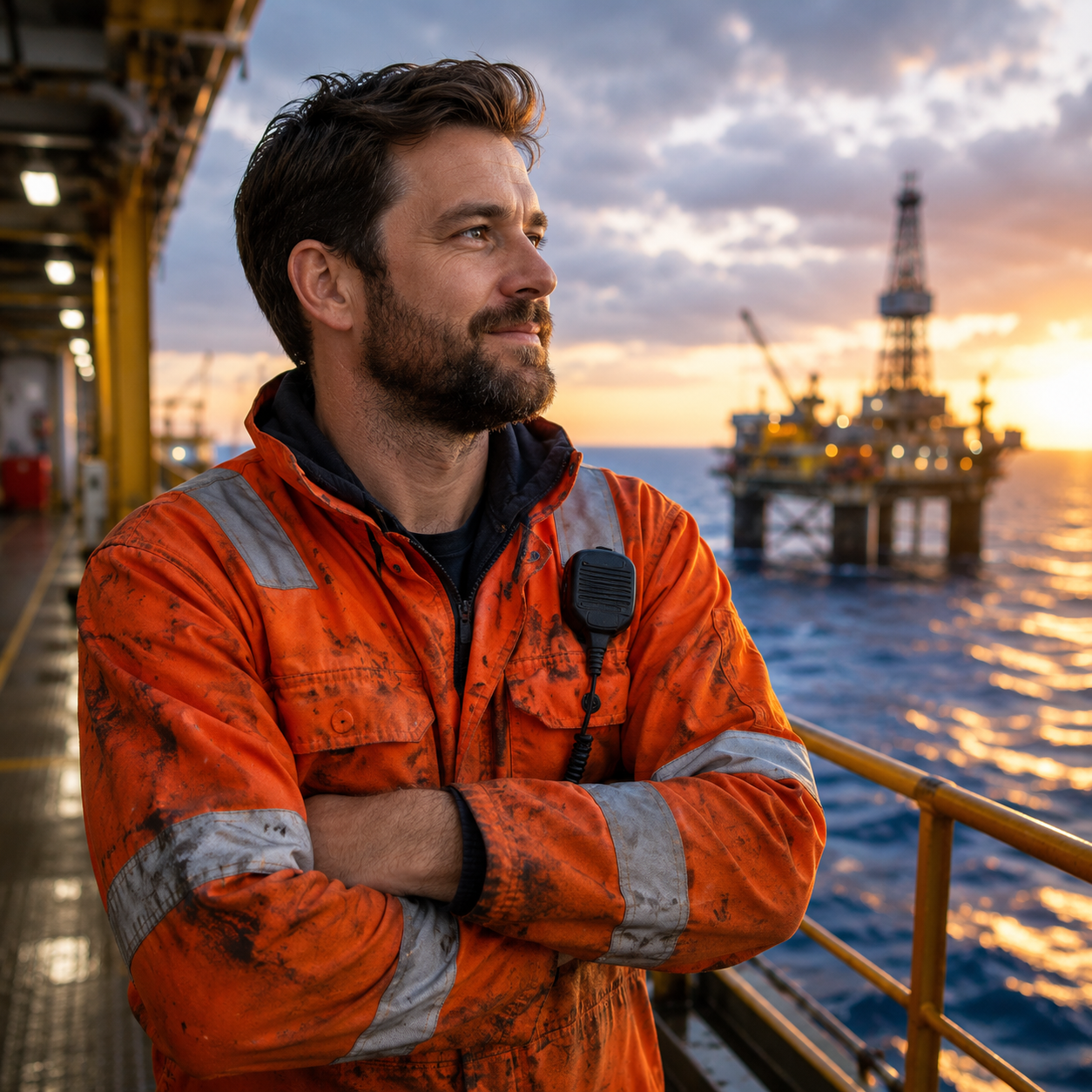 Quereinsteiger in Offshore-Arbeitskleidung vor einer Bohrinsel