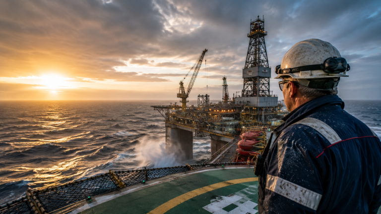 Erfahrener Offshore-Mechaniker auf einer Bohrinsel bei Sonnenaufgang in der Nordsee