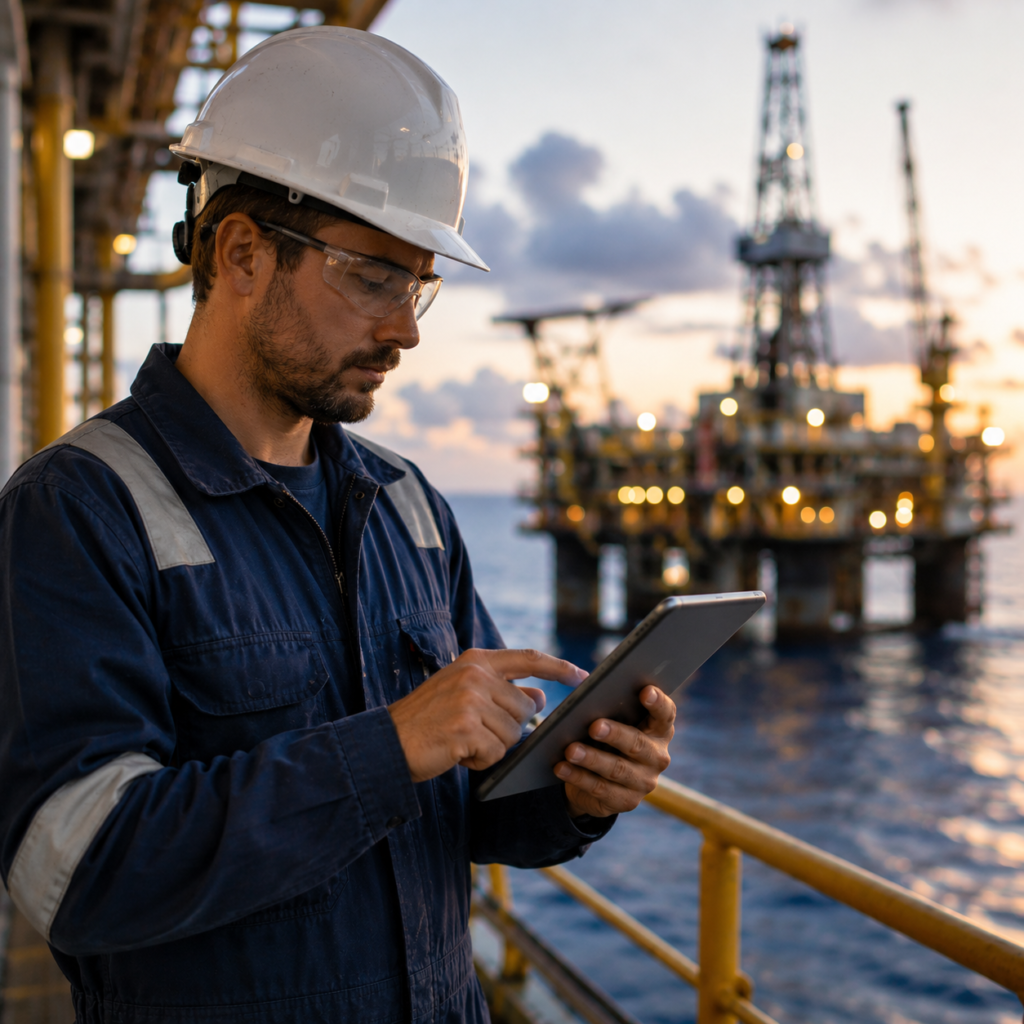Offshore-Ingenieur mit Tablet vor einer Bohrinsel