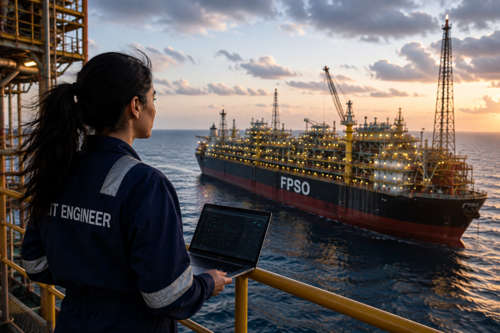 IT-Ingenieurin mit Laptop vor einem FPSO-Schiff im Offshore-Einsatz
