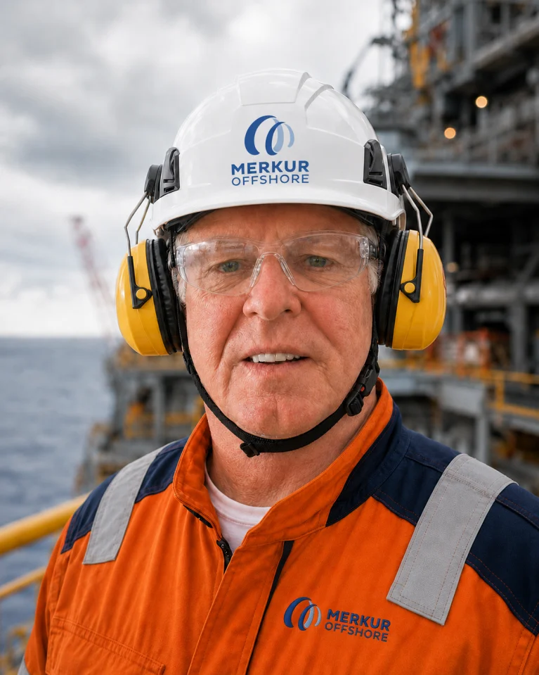 Hans-Jürgen Göbel mit Offshore-Schutzhelm und Sicherheitsausrüstung auf einer Offshore-Plattform