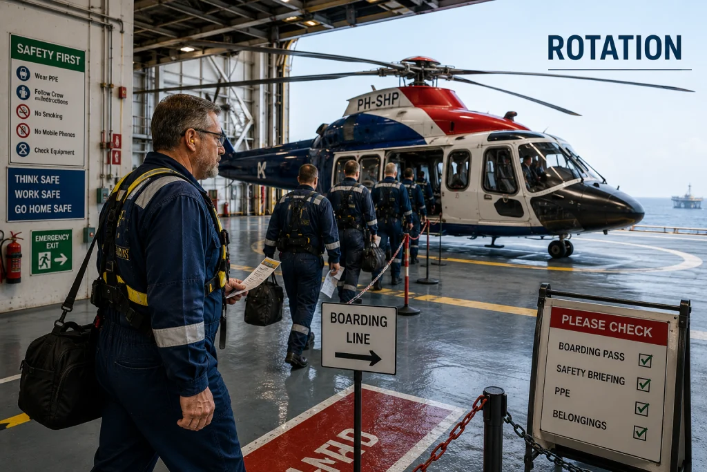 Offshore-Techniker beim Helikopter-Boarding für den Schichtwechsel auf einer Offshore-Plattform