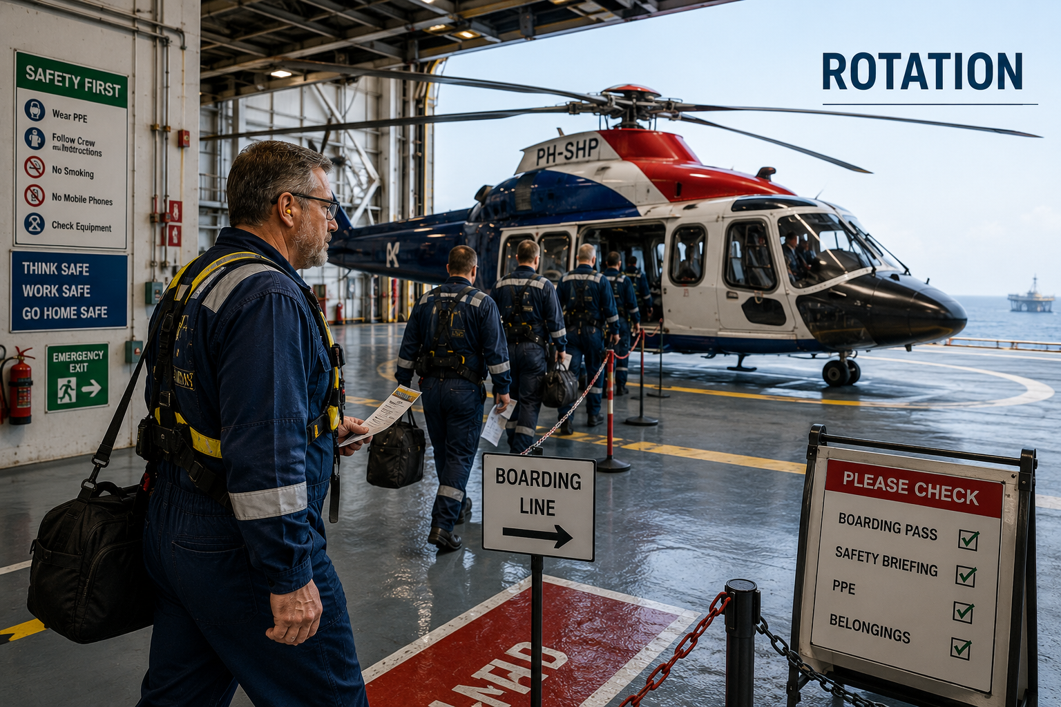 Offshore-Techniker beim Helikopter-Boarding für den Schichtwechsel auf einer Offshore-Plattform