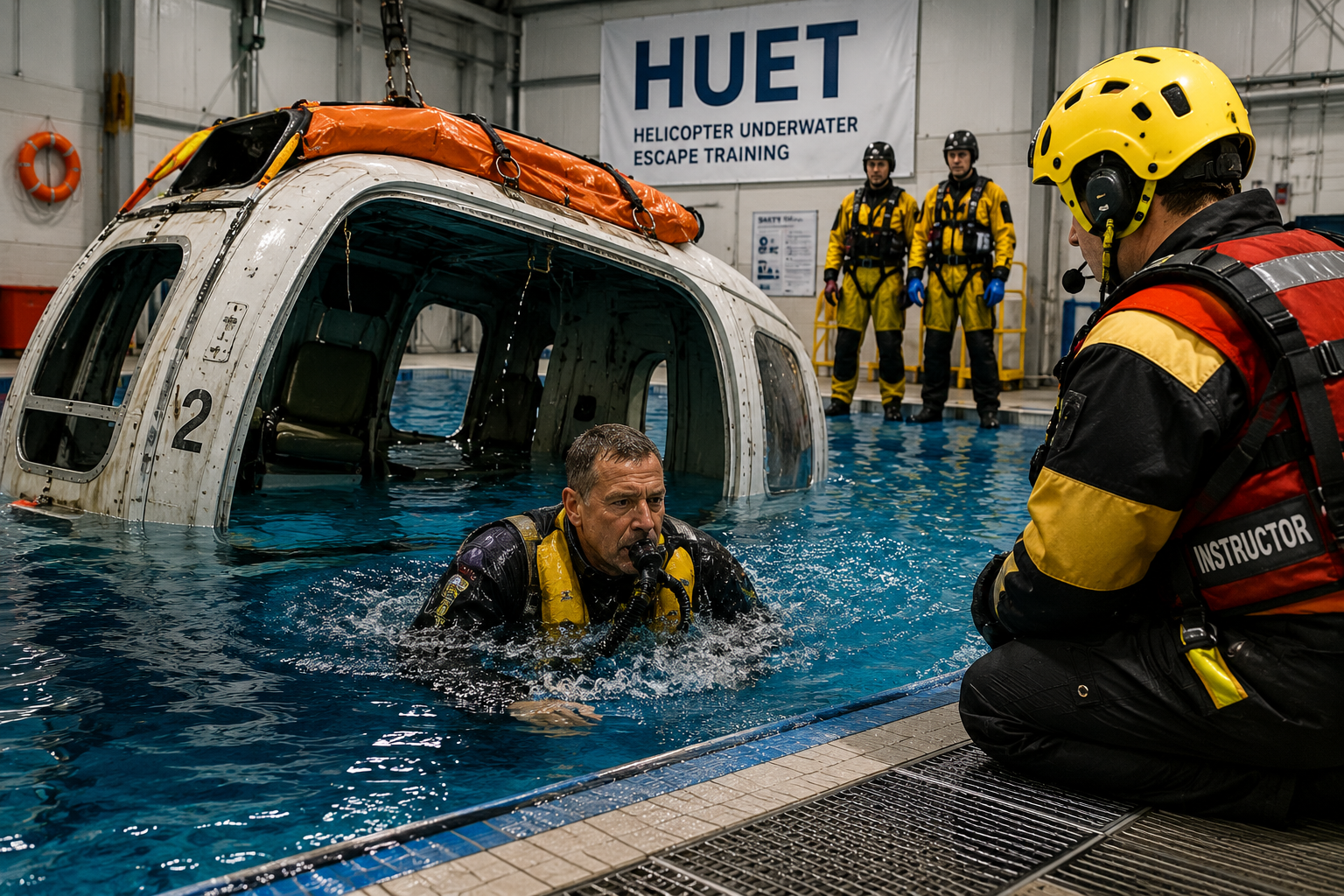 Teilnehmer beim HUET-Training mit Helikopterzelle in einem Trainingsbecken