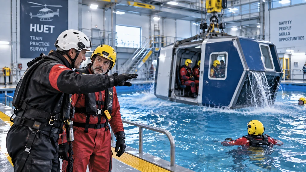 Teilnehmer beim HUET-Training mit Helikopter-Kabinenmodul in einem Offshore-Trainingsbecken
