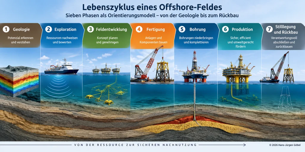 Lebenszyklus eines Offshore-Feldes mit sieben Phasen von Geologie und Exploration über Bohrung und Produktion bis Stilllegung und Rückbau