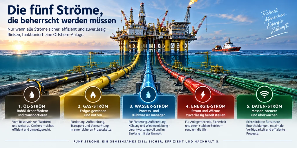 Die fünf Ströme einer Offshore-Anlage: Öl, Gas, Wasser, Energie und Daten für einen sicheren und effizienten Offshore-Betrieb
