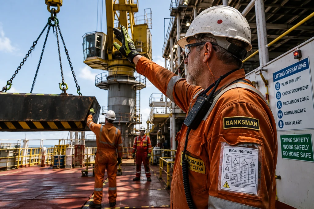 Banksman koordiniert einen Hebevorgang mit Handzeichen auf dem Deck einer Offshore-Plattform