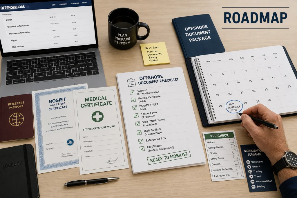 Geordnetes Offshore-Dokumentenpaket mit Reisepass, BOSIET, Medical, Checkliste und geplantem FOET-Termin