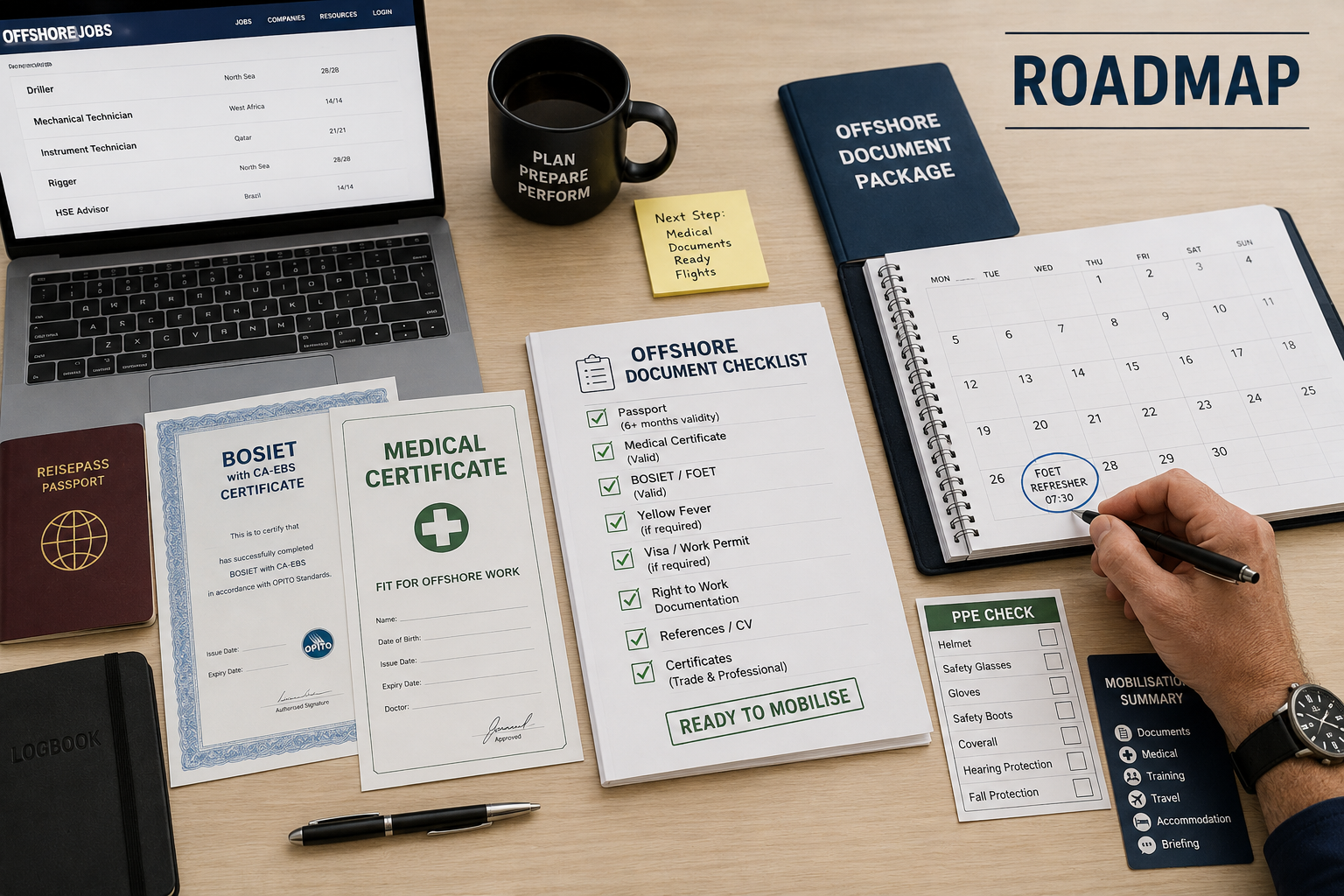 Geordnetes Offshore-Dokumentenpaket mit Reisepass, BOSIET, Medical, Checkliste und geplantem FOET-Termin