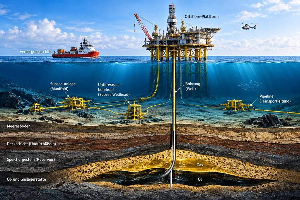 Offshore-Feld im Querschnitt mit Bohrinsel, Versorgungsschiff, Subsea-Anlagen, Unterwasserbohrkopf, Pipeline, Bohrung und Öl- und Gasreservoir