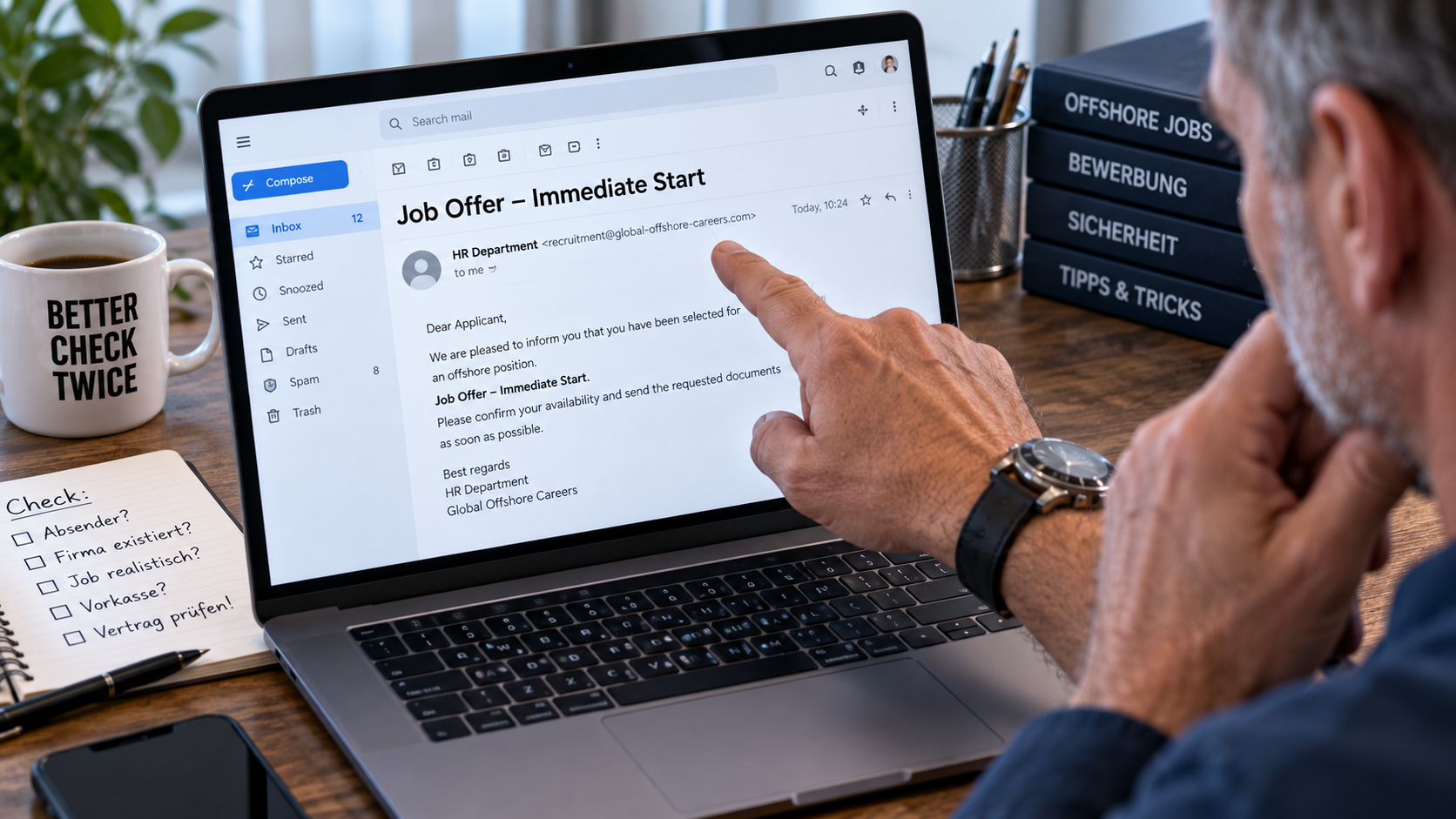 Mann prüft ein verdächtiges Offshore-Jobangebot per E-Mail auf seinem Laptop
