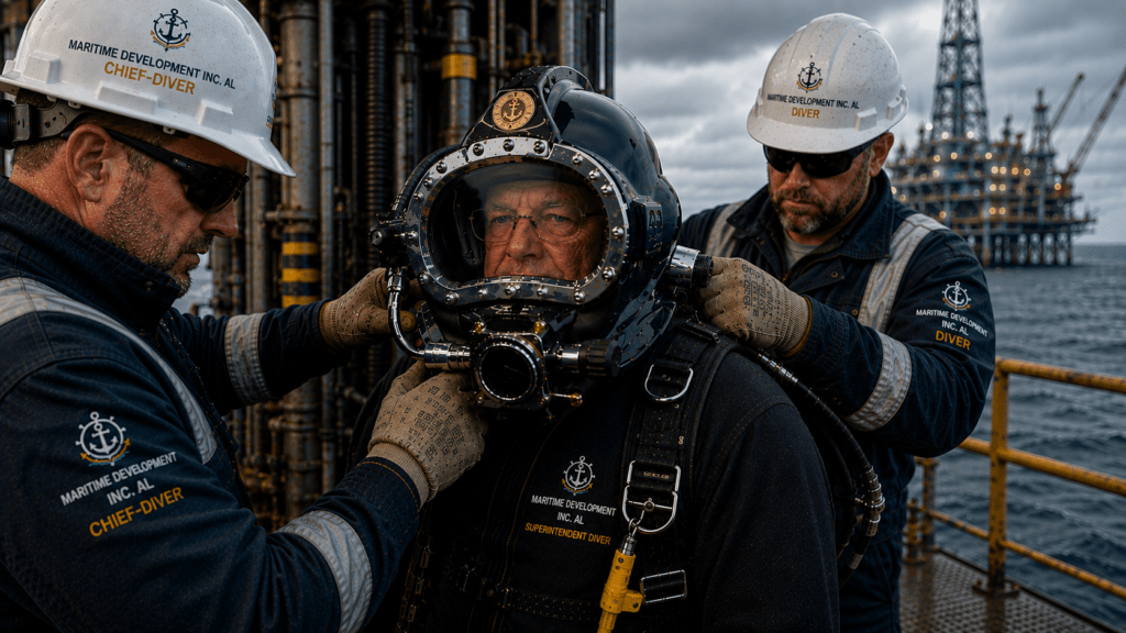 Offshore-Crew bereitet einen Berufstaucher mit Taucherhelm auf den Einsatz an einer Bohrinsel vor