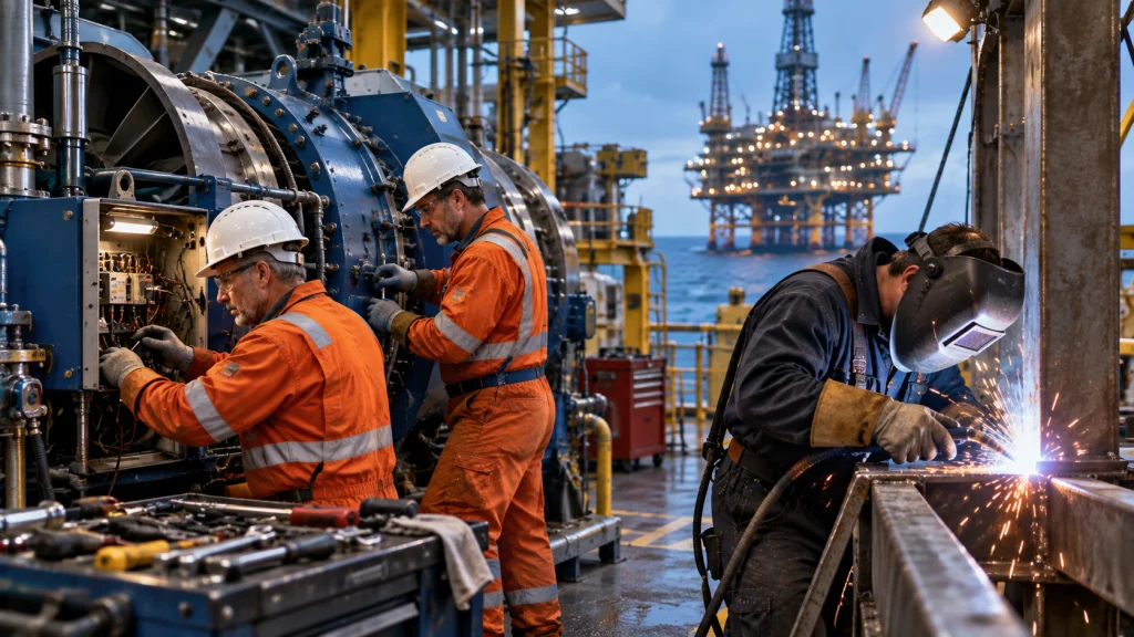 Mechaniker, Elektriker und Schweißer bei technischen Arbeiten auf einer Offshore-Bohrplattform