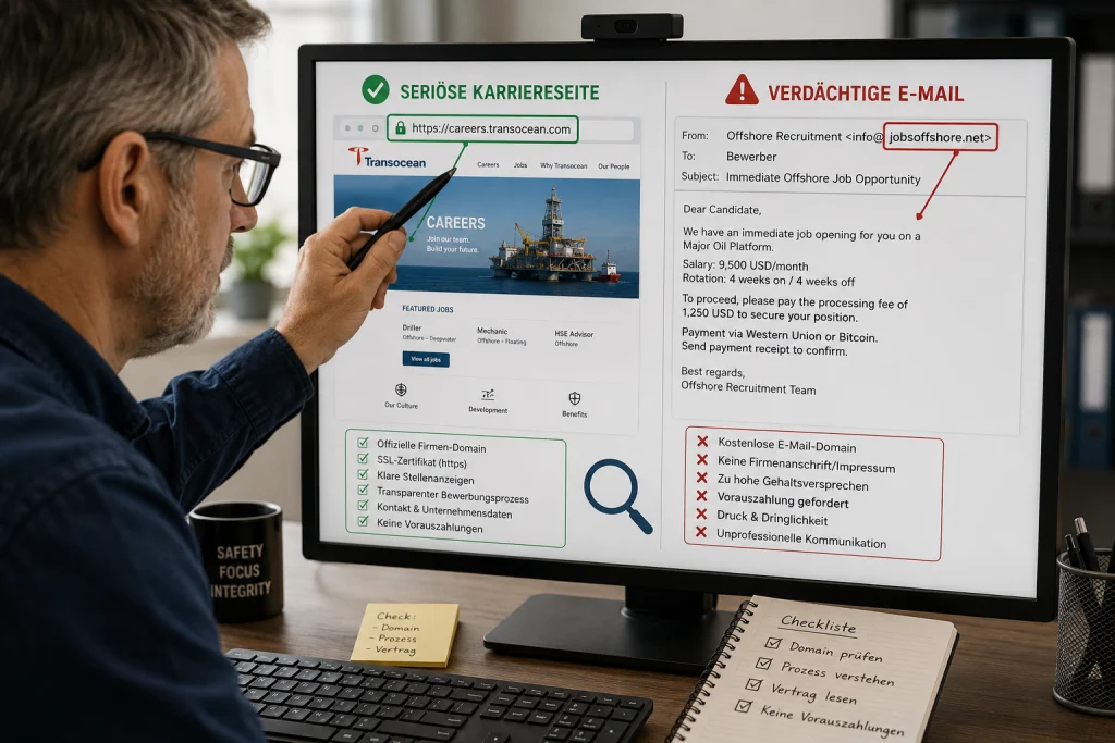 Vergleich einer seriösen Offshore-Karriereseite mit einer verdächtigen Recruiter-E-Mail und Warnzeichen für Jobbetrug