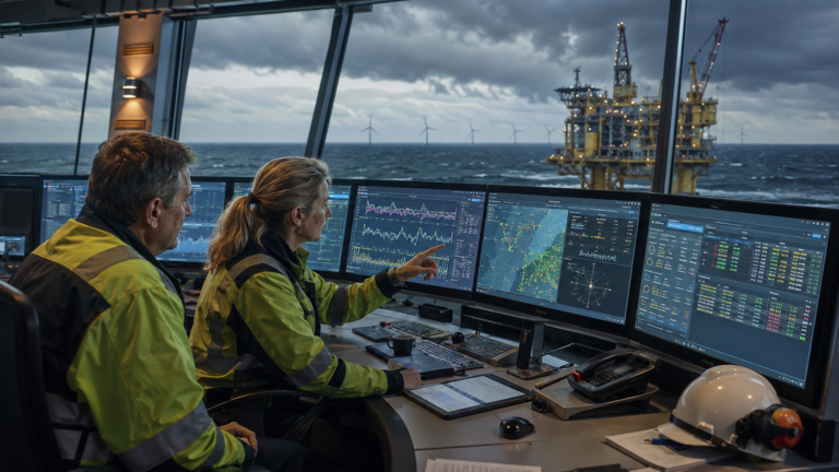 Zwei Offshore-Mitarbeiter in gelben Sicherheitsjacken analysieren Echtzeitdaten auf mehreren Monitoren in der Kontrollstation einer Ölplattform. Im Hintergrund sind eine weitere Plattform und Windräder auf dem Meer bei bewölktem Himmel zu sehen.