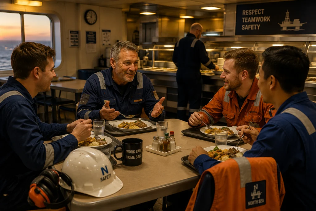 Offshore-Crew beim gemeinsamen Abendessen in der Messe nach der Arbeitsschicht