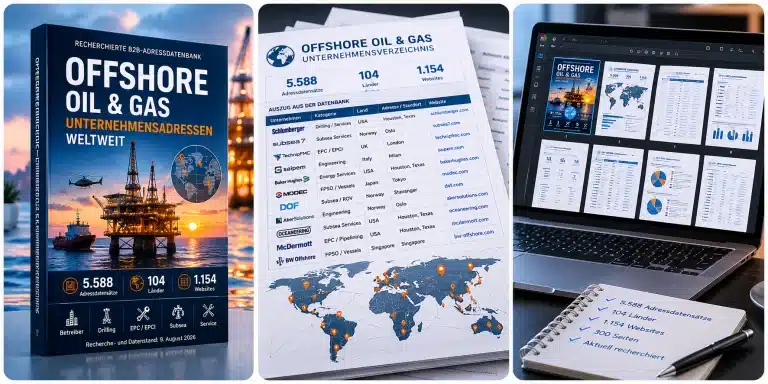 Produktvisualisierung der Offshore Oil & Gas Adressdatenbank mit weltweiten Unternehmensadressen