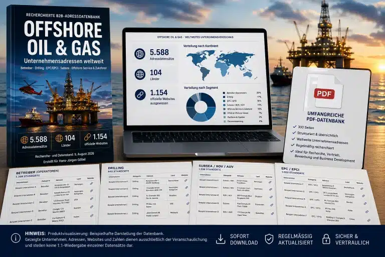 Offshore Oil & Gas Adressdatenbank mit weltweiten Unternehmensadressen auf Laptop und PDF