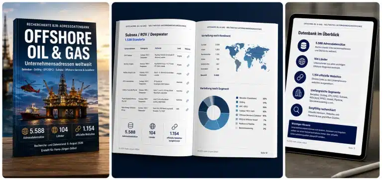Offshore Oil & Gas Unternehmensdatenbank als PDF mit Cover, Firmenverzeichnis und weltweiter Übersicht