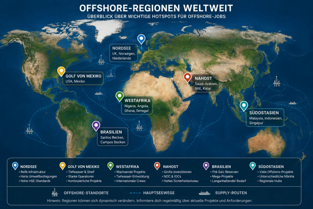 Weltkarte mit wichtigen Offshore-Regionen in der Nordsee, im Golf von Mexiko, Westafrika, Nahost, Brasilien und Südostasien