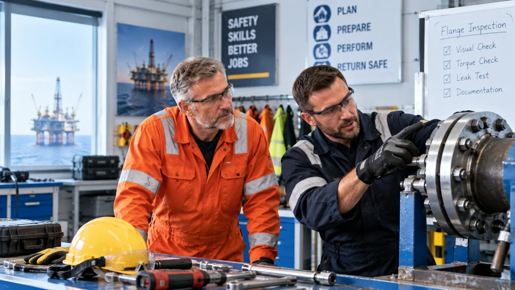 Erfahrener Teilnehmer bei einer praktischen Offshore-Schulung an einem Flansch-Prüfstand