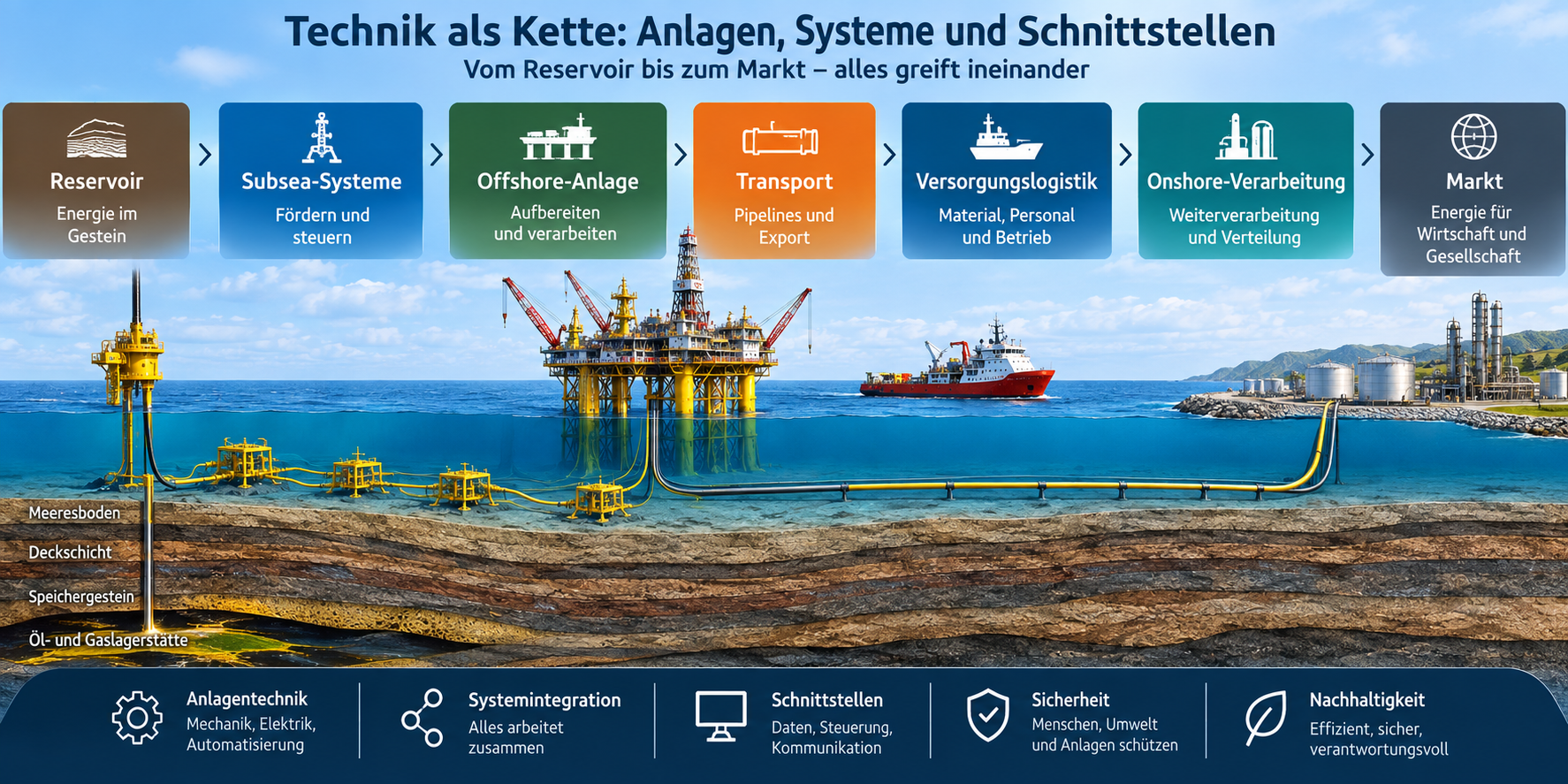 Offshore-Technik als Kette mit Reservoir, Subsea-Systemen, Offshore-Anlage, Pipelines, Versorgungslogistik und Onshore-Verarbeitung