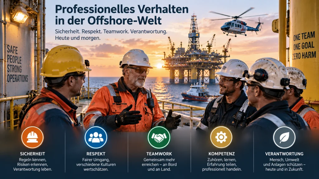 Offshore-Mitarbeiter im Teamgespräch auf einer Plattform als Beispiel für Sicherheit, Respekt, Teamwork, Kompetenz und Verantwortung