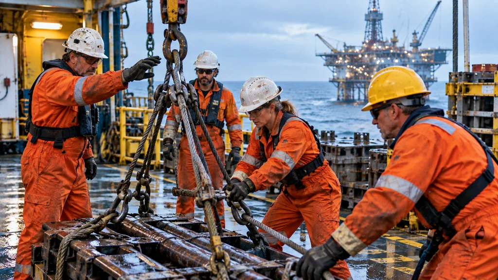 Roustabout Deck Crew sichert schwere Ladung mit Hebezeug auf einer Offshore-Bohrplattform