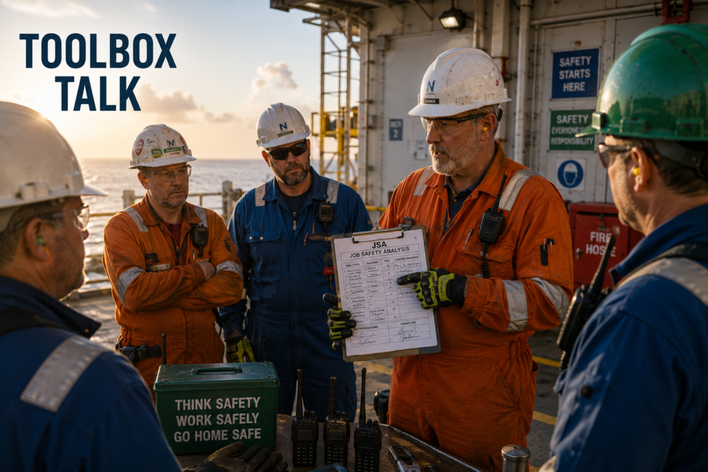 Offshore-Schichtleiter bespricht beim Toolbox Talk ein JSA-Formular mit der Deckcrew vor Schichtbeginn