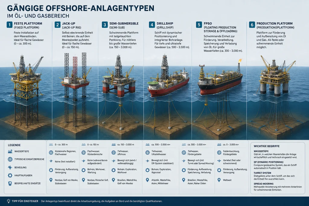 Übersicht der Offshore-Anlagentypen Fixed Platform, Jack-up, Semi-Submersible, Drillship, FPSO und Production Platform