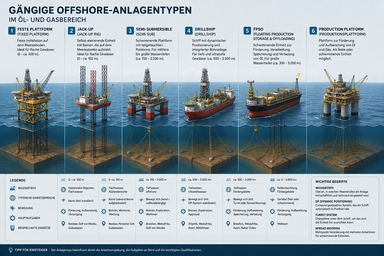 Übersicht der Offshore-Anlagentypen Fixed Platform, Jack-up, Semi-Submersible, Drillship, FPSO und Production Platform