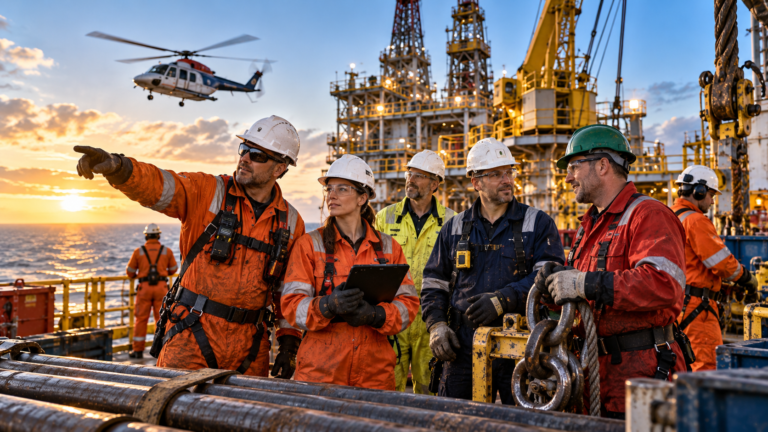Offshore-Mitarbeiter verschiedener Berufe auf einer Bohrinsel – Bohrinsel Jobs und Offshore-Berufe 2026 aus der Praxis