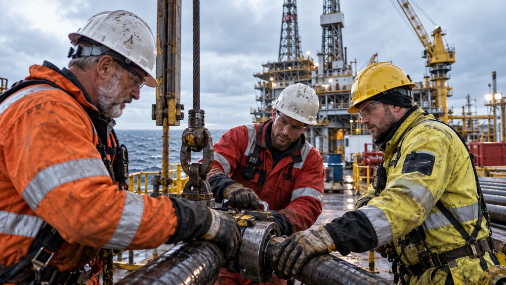 Drei Offshore-Mitarbeiter arbeiten auf dem Deck einer Öl- und Gasplattform in der Nordsee gemeinsam an einer Rohrleitung