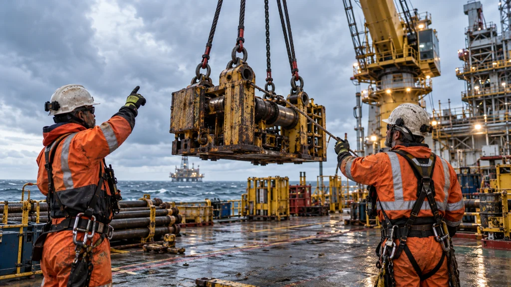 Zwei Offshore-Rigger koordinieren auf einer Plattform in der Nordsee das sichere Anschlagen und Heben einer schweren Last mit einem Plattformkran