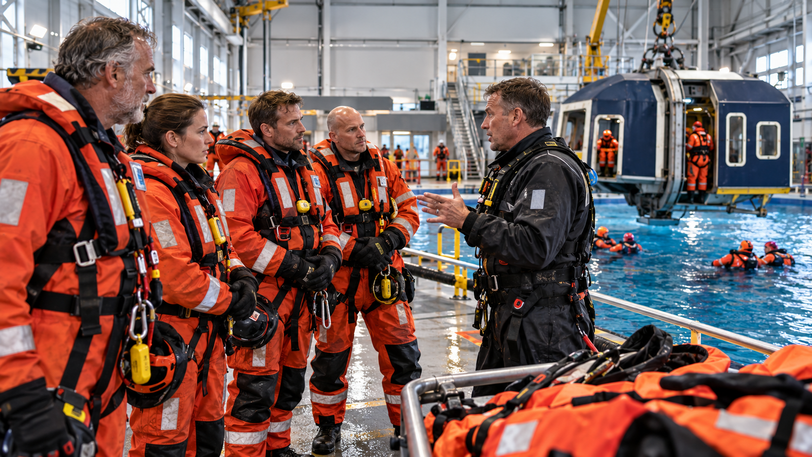 Teilnehmer in Offshore-Überlebensanzügen erhalten ein Briefing für das Sea-Survival- und HUET-Training in einem Trainingszentrum